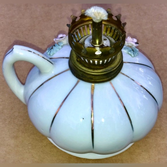 Mid Century Antique Pink Rose Gold Trim Porcelain Finger Loop Oil Lamp JAPAN - Picture 5 of 10